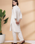 Thread Embroidered Straight Kurta Set with Lace Yoke & Palazzo
