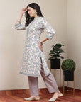 Floral Printed Cotton Blend Straight Kurta with Lace-Tassel Neckline & Palazzo