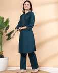 Thread Embroidered Straight Kurta Set with Lace Yoke & Palazzo