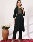 Solid Flared Poly Viscose Kurta Set with Embroidery & Chiffon Dupatta
