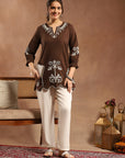 Thread Embroidered Cotton Kurti with Lace-Trim Sleeves