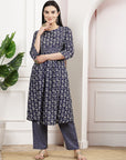 Navy Modal Chanderi Floral Kurta Set with Palazzo