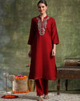 Poly Viscose Kurta Set with Zari-Embroidered Mandarin Collar