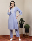 Embroidered blue cotton linen kurta set with lace-detailed palazzo