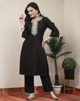 Embroidered black cotton linen kurta set with lace-detailed palazzo