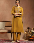 Silk Blend Kurta Set with Intricate Paisley Embroidery, Solid Palazzo & Zari Stitched Hem