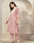 Patch Printed A-Line Cotton Cambric Kurta with Embroidery & Palazzo