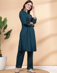 Thread Embroidered Straight Kurta Set with Lace Yoke & Palazzo