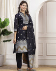 Geometric Printed A-Line Poly Chanderi Kurta Set with Dupatta