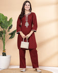 Floral Embroidered Straight Kurta Set with Lace-Detailed Palazzos