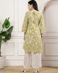 Floral Cotton Kurta Set with Button Placket & Lace-Detailed Palazzo Hem