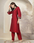 Self Dobby A-Line Poly Viscose Kurta Set with Lace Detailing & Dupatta