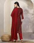 Floral Printed Poly Viscose Kurta Set with Zari Embroidery & Dupatta