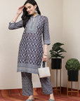 Ethnic Motif Printed A-Line Poly Muslin Kurta Set with Sewroskie Work