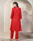 Solid A-Line Poly Viscose Kurta with Mandarin Collar & Embroidery