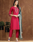 Solid A-Line Poly Silk Kurta, Palazzo & Printed Dupatta Set