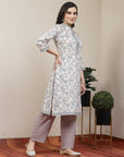 Floral Printed Cotton Blend Straight Kurta with Lace-Tassel Neckline & Palazzo