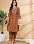 Floral Printed A-Line Cotton Kurta with Mandarin Collar & Palazzo