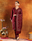 Calf-Length Jacquard Wool Kurta Set with Swarovski Detail & Dupatta