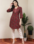 Purple Paisley Print Cotton Kurti with Mirror Work & Lace Sleeves