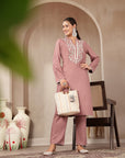 Rayon Kurta Set with Embroidered Mandarin Collar, Full Sleeves & Stitched-Hem Palazzo