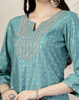Geometric Foil Printed Poly Viscose Kurta Set with Palazzo & Dupatta