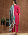 Solid A-Line Poly Silk Kurta, Palazzo & Printed Dupatta Set