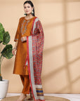 Solid A-Line Poly Silk Kurta, Palazzo & Printed Dupatta Set
