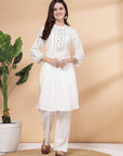 Thread Embroidered Straight Kurta Set with Lace Yoke & Palazzo