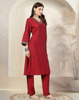 Self Dobby A-Line Poly Viscose Kurta Set with Lace Detailing & Dupatta