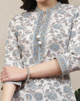 Floral Printed Cotton Blend Straight Kurta with Lace-Tassel Neckline & Palazzo