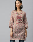Floral Printed Cotton A-Line Kurti with Tie-Up Neck