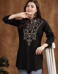 Black Viscose Kurti with Mandarin Collar & Embroidered Yoke