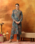Wool Blend Floral Printed Kurta Set with Mandarin Collar, Zari Work & Printed Palazzo