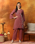 Solid A-Line Viscose Rayon Kurta Set with Thread Embroidery & Bell Sleeves