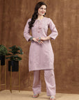 Lavender Cotton Co-ord Set with Tonal Embroidery & Laced Sleeve