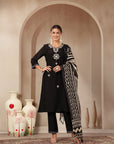 Vetican Fabric Kurta Set with Embroidered Round Neck, Palazzo & Striped Silk Dupatta