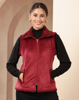 Velour Fur Sleeveless Jacket with Structured Collar & Zipper Closure