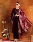Velvet Zari-Embroidered Kurta Set with Bell Sleeves, Palazzo & Banarasi Dupatta