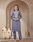 Rayon Kurta Set with Embroidered Mandarin Collar, Full Sleeves & Stitched-Hem Palazzo