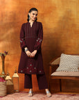 Wool Blend Kurta Set with Embroidered Yoke, Smocked Sleeves & Palazzo