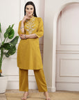 Mustard Embroidered Cotton Linen Kurta Set with Palazzo