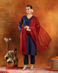 Cotton Flex Kurta Set with Embroidery, Palazzo & Organza Tassel Dupatta