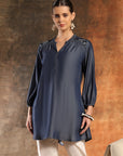 Cotton Denim Above-Knee Kurti with Embroidered Mandarin Collar & 3/4th Sleeves