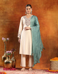 Knitted Wool Kurta Set with Embroidery, Palazzo & Tasselled Chanderi Dupatta