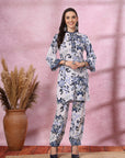 Blue Floral Kurta Set with Mandarin Collar & Laced Bell Sleeves