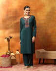 Wool Blend Kurta Set with Round Neck & Ethnic Embroidery