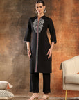 Embroidered Cotton Blend Straight Kurta Set
