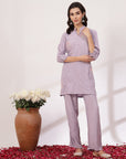 Lavender Co-ord Set with Floral Embroidered Tunic & Pocketed Palazzo