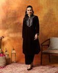 Velvet Kurta Set with Mandarin Collar & Zari Embroidered Yoke